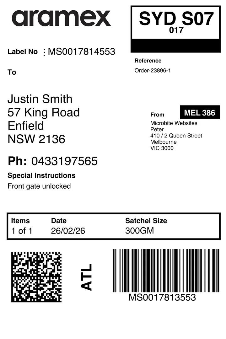 Shipping label with package details.