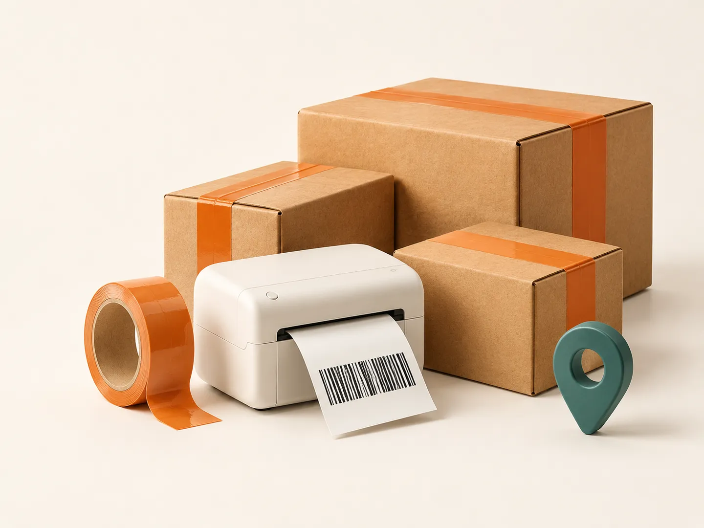 Illustration of parcels, a label printer and a location marker in Microbite colours