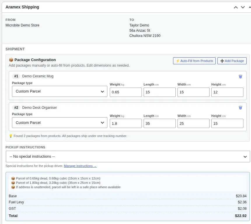Aramex Shipping panel in WooCommerce showing two demo parcels and a shipping quote breakdown