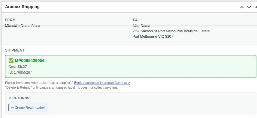 WooCommerce Aramex Shipping panel displaying a successful demo consignment and its shipping cost