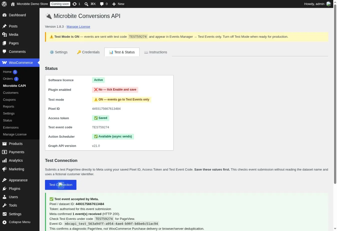 Microbite CAPI diagnostic confirms Meta accepted one PageView with HTTP 200 before order sending was enabled