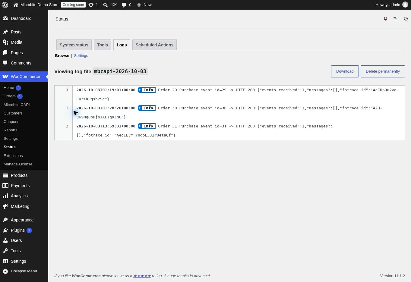 WooCommerce mbcapi log confirming server Purchase for orders 29 30 and 31 accepted with HTTP 200