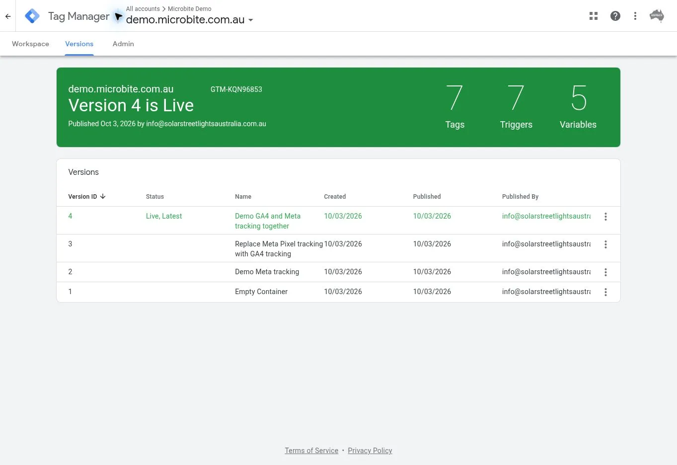 Google Tag Manager version 4 Live with seven tags including Meta and GA4 for the Microbite demo store