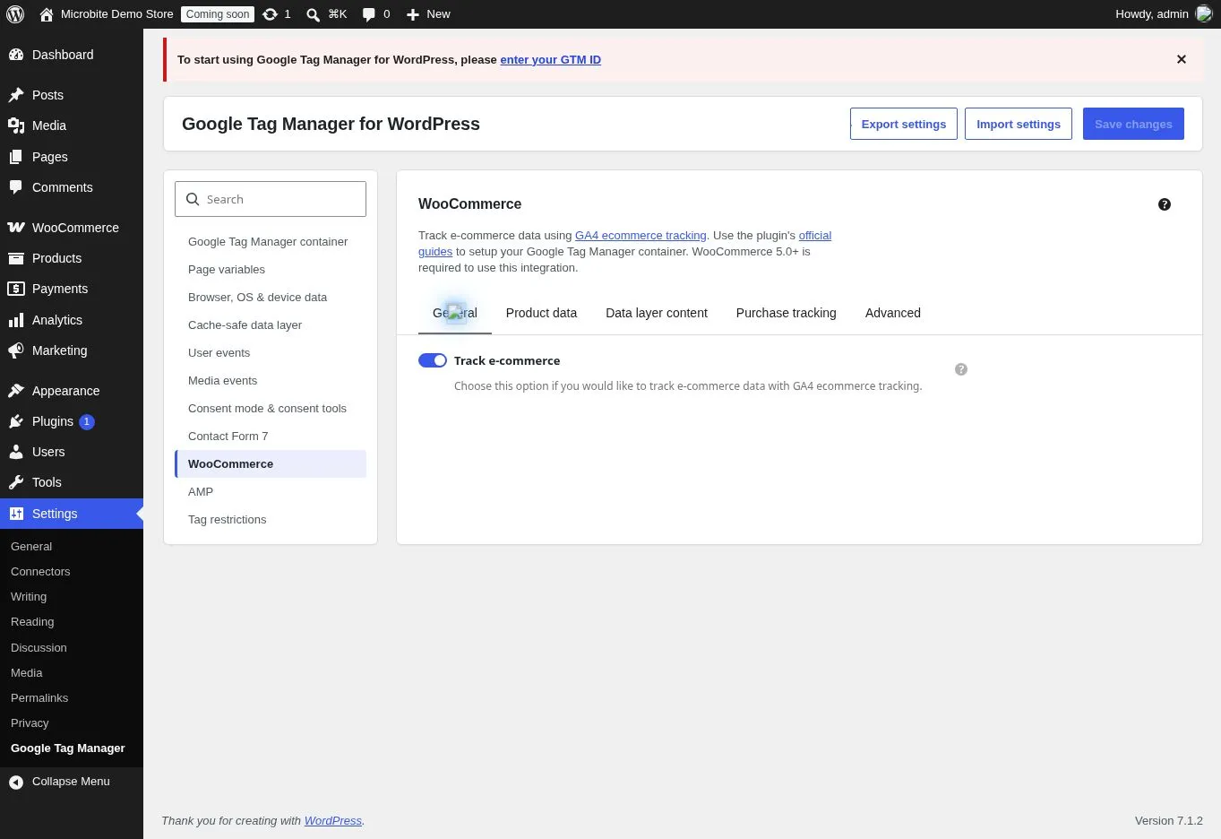 GTM4WP WooCommerce settings with Track ecommerce switched on