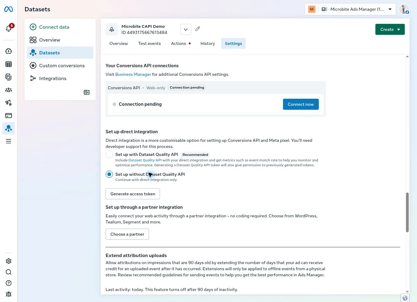 Meta demo dataset Settings showing direct integration and Generate access token before token generation